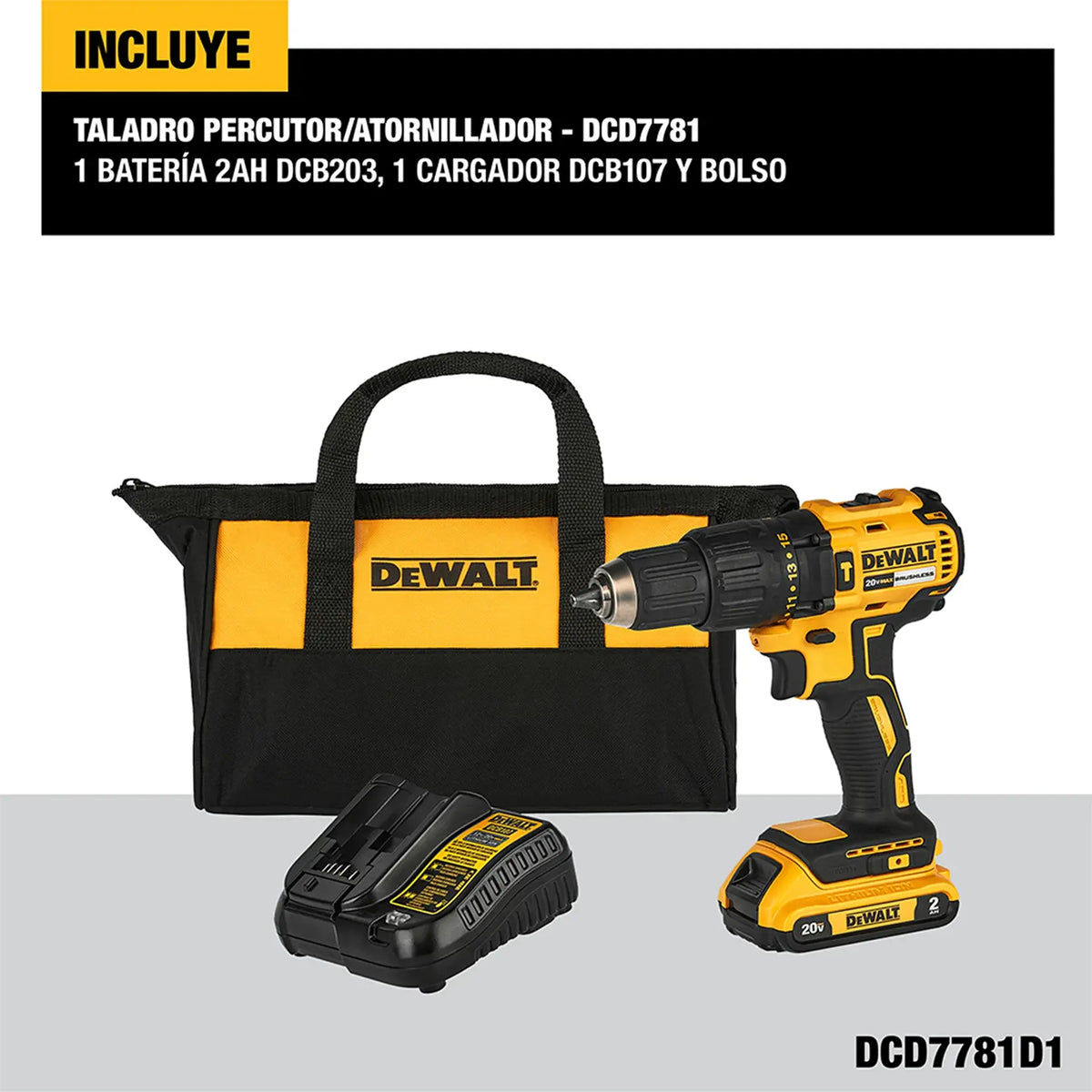 DEWALT taladro percutor DCD7781D1-B3 contenido del kit