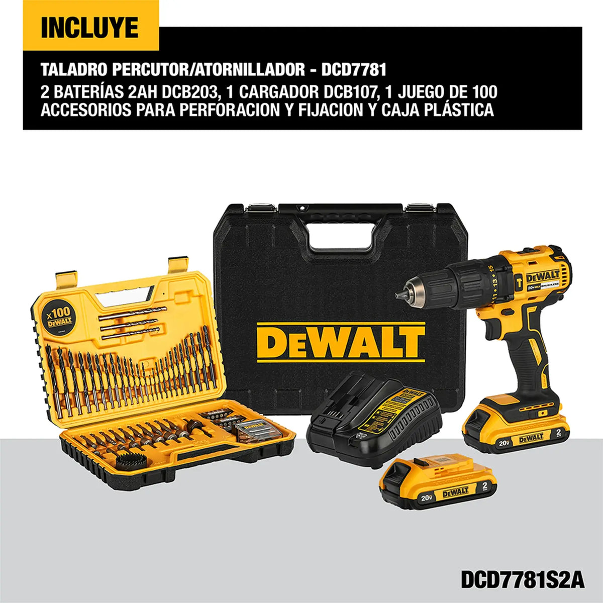 DEWALT taladro percutor DCD7781S2A-B3 contenido del kit con 100 accesorios