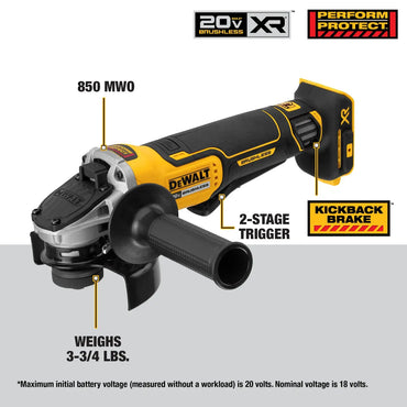 De Walt Esmeriladora Angular 20V MAX XR 4-1/2" / 114 mm con Freno Kickback Brake, 3 Discos, Batería y Cargador, DCG413B