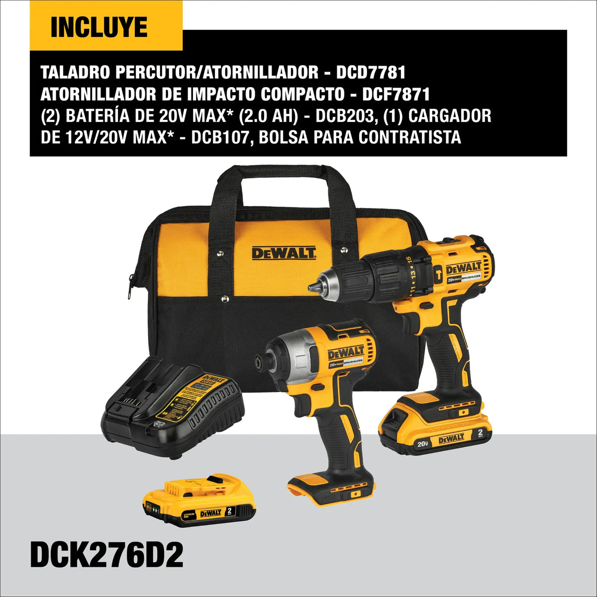 Componentes del combo DEWALT DCK276D2-B3 con especificaciones destacadas