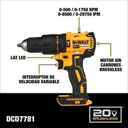 Taladro percutor DEWALT DCD7781 20V MAX con luz LED y motor sin carbones