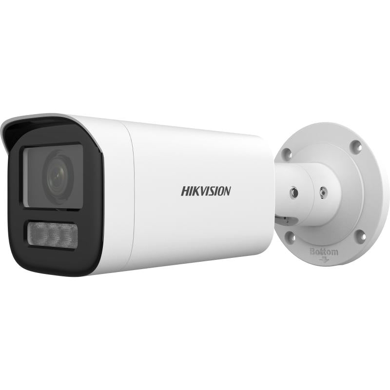 Cámara bullet Hikvision vista trasera con puertos de conexión y soporte