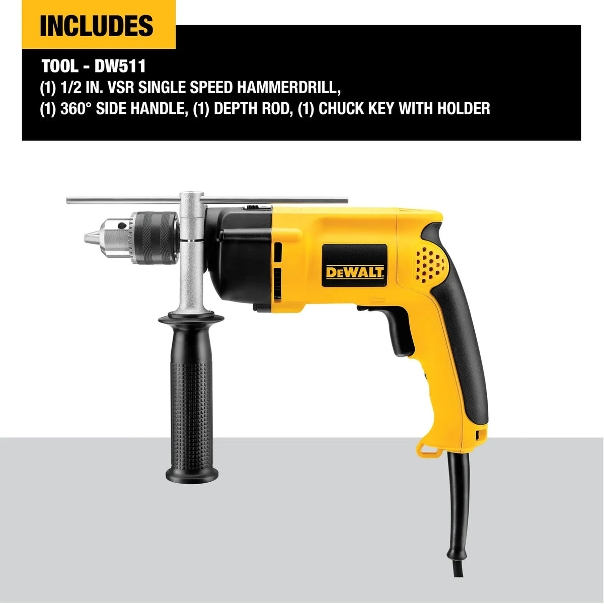 DEWALT DW511 con mango lateral de 360 grados, vara de profundidad y llave de mandril