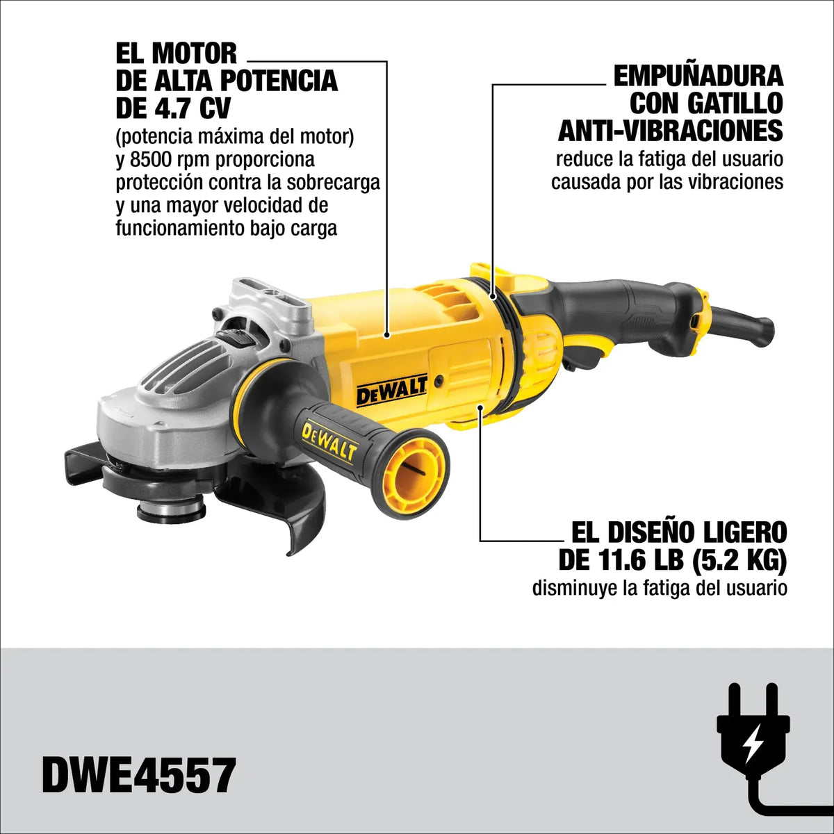 DEWALT esmeriladora DWE4557-B3 motor 2400W y mango antivibración