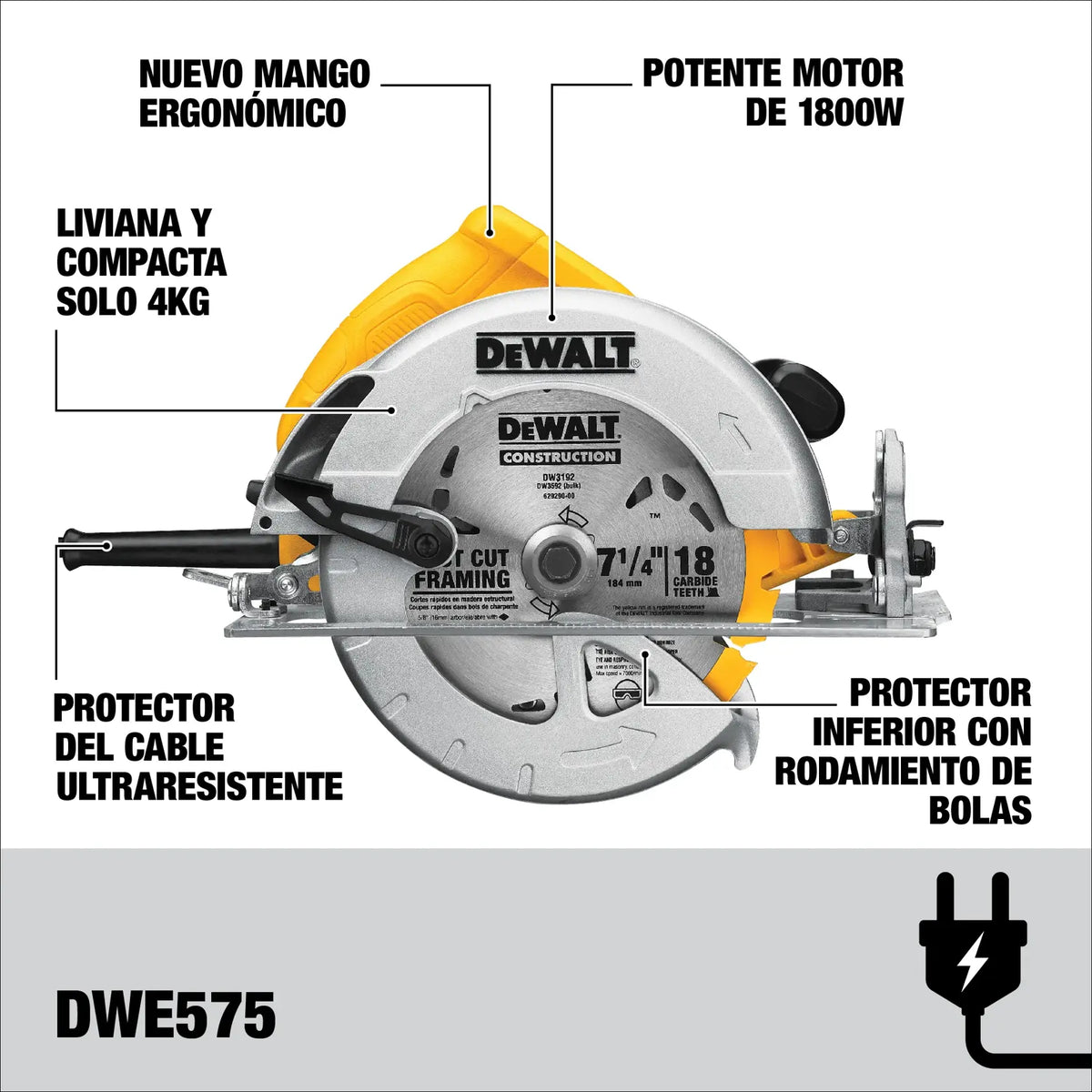 DEWALT sierra circular DWE575-B3 motor 1800W y caracteristicas