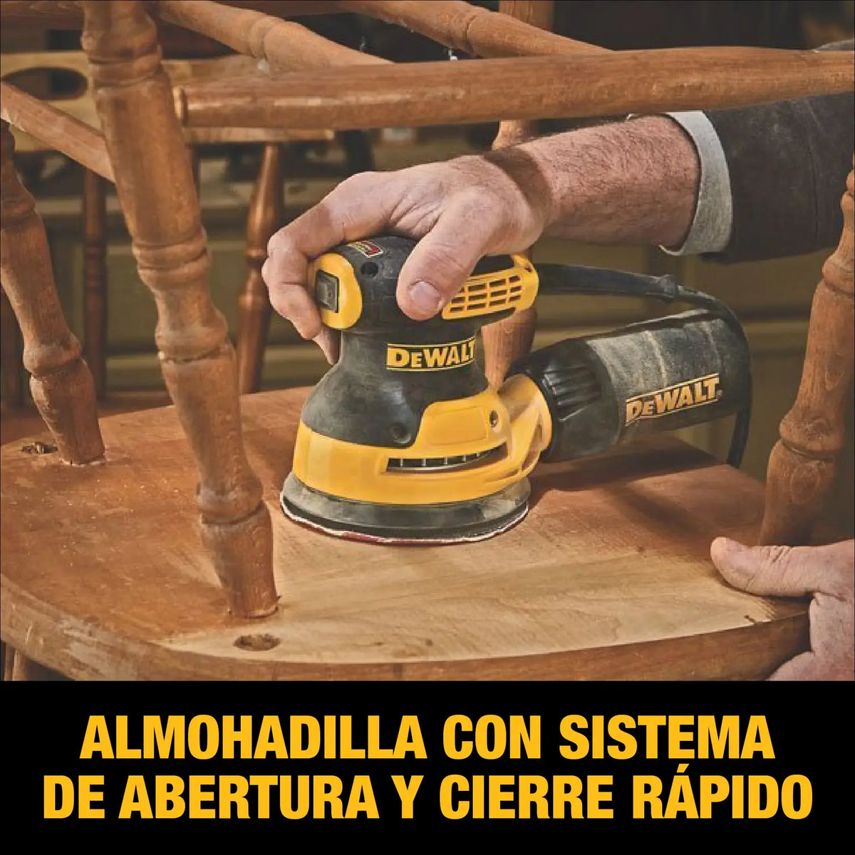 DEWALT lijadora orbital DWE6421-B3 en uso sobre madera