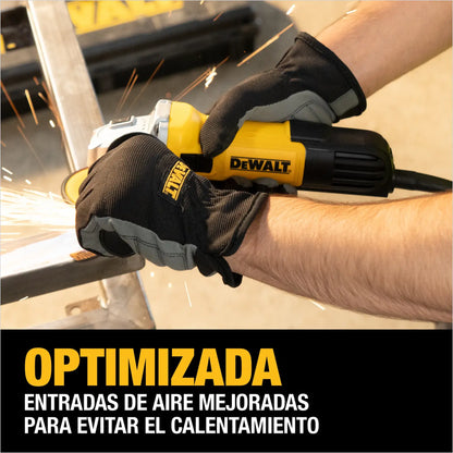 Esmeriladora DEWALT DWE750-B3 en uso sobre superficie metálica