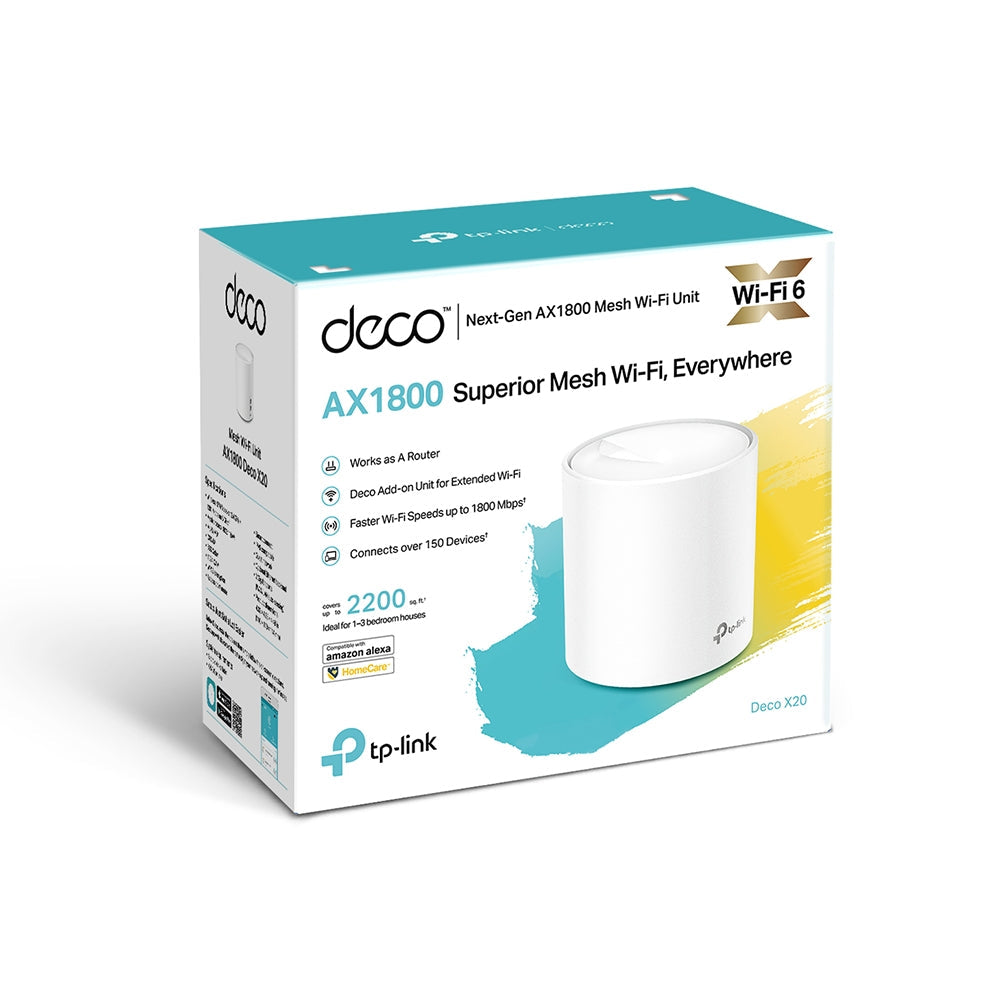 TP-Link Deco X20 instalado en escritorio mostrando diseño compacto blanco
