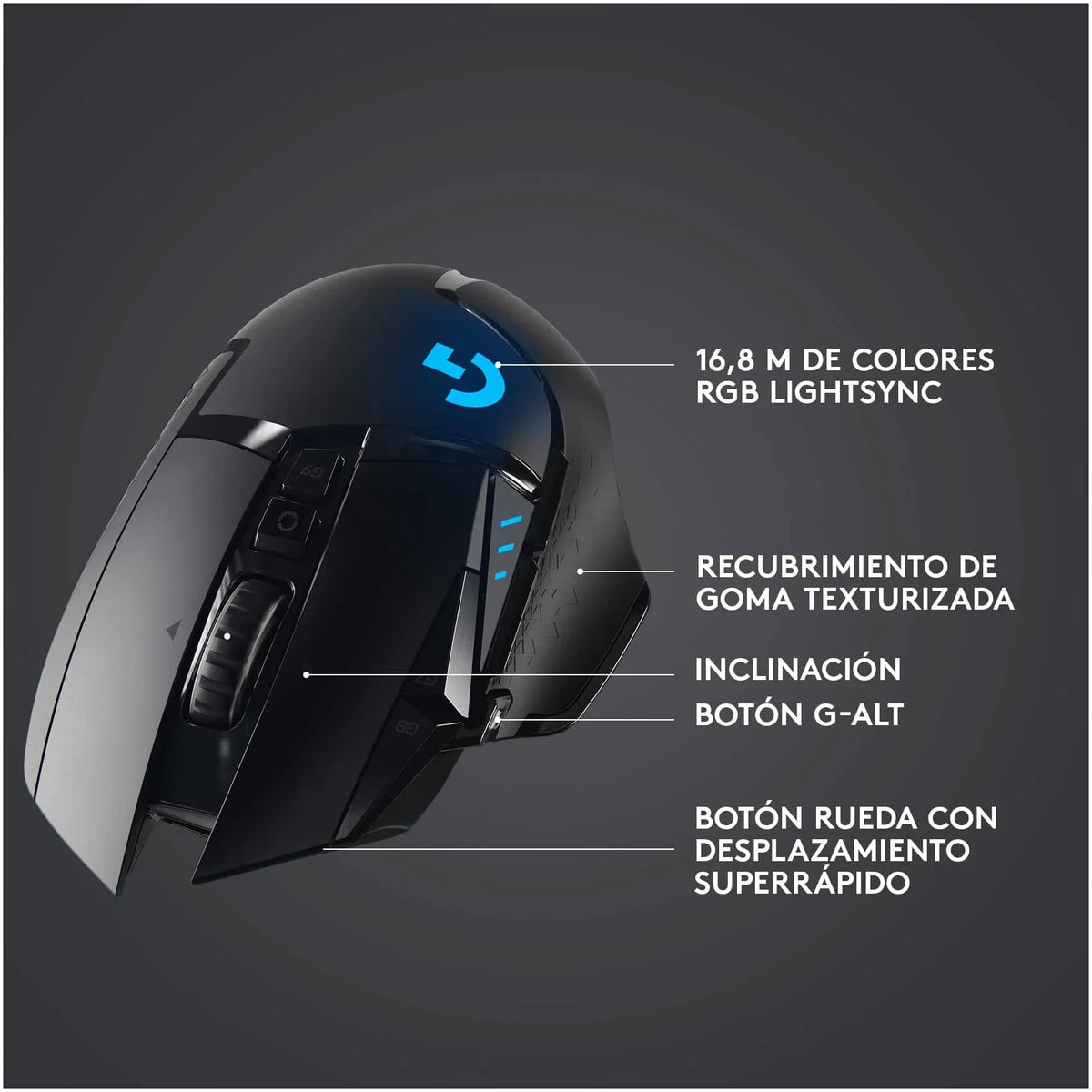 Logitech G502 Lightspeed vista diagonal mostrando diseño completo