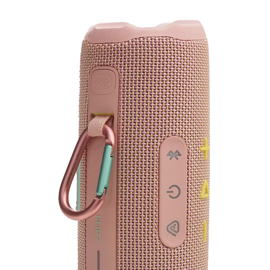Detalle del mosquetón y sistema PushLock del JBL Flip 7 rosa