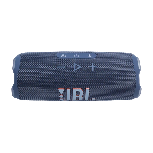 Vista superior del JBL Flip 7 azul con controles