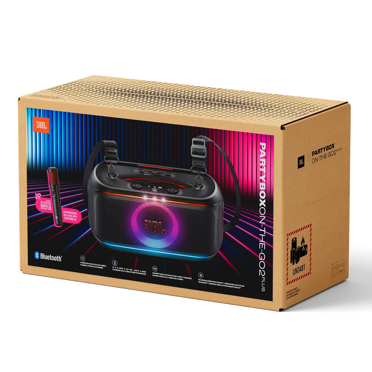 Empaque de JBL PartyBox On-The-Go 2 Plus negro con micrófono