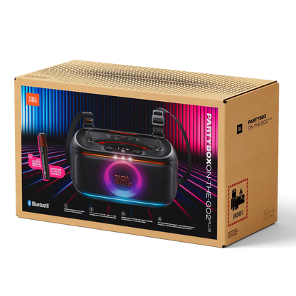 Empaque de JBL PartyBox On-The-Go 2 Plus negro con micrófono