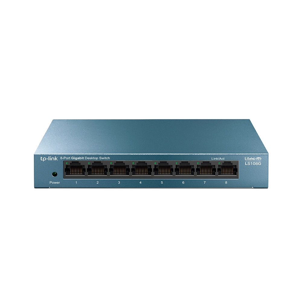 Switch TP-Link LS108G vista frontal con 8 puertos Ethernet azul