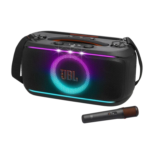 JBL PartyBox On-The-Go 2 Plus negro, vista frontal en ángulo derecho