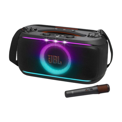 JBL PartyBox On-The-Go 2 Plus negro, vista frontal en ángulo derecho