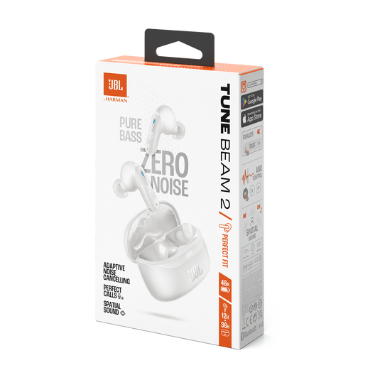 Caja del producto JBL Tune Beam 2 blanco, vista lateral