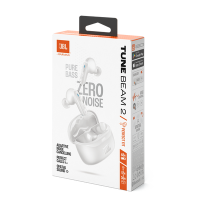 Caja del producto JBL Tune Beam 2 blanco, vista lateral