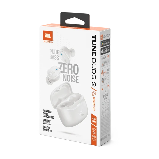 Empaque lateral de los audífonos JBL Tune Buds 2 blancos