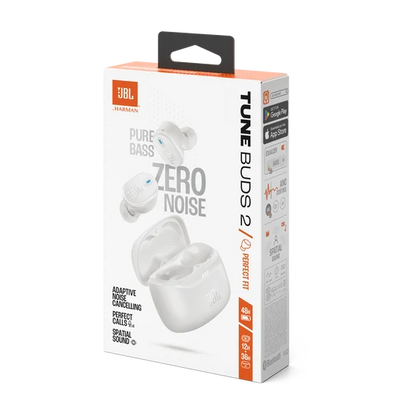 Empaque lateral de los audífonos JBL Tune Buds 2 blancos