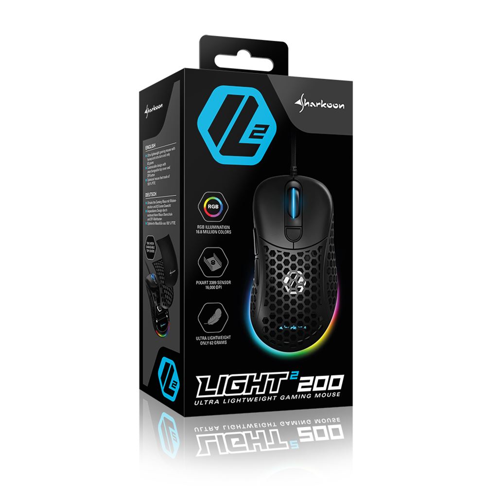 Vista trasera mouse gaming Sharkoon Light² 200 con cable y sensor óptico