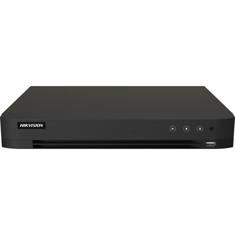 DVR Hikvision iDS-7208HUHI-M1/XT vista frontal con puertos de conexión