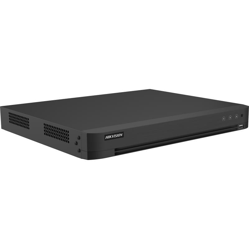 DVR Hikvision iDS-7216HUHI-M2/XT vista superior con etiquetas de especificaciones