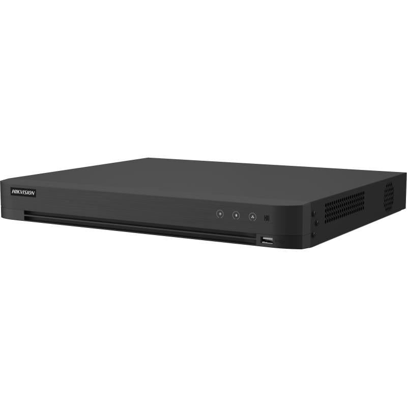 DVR Hikvision 16 canales vista posterior con conexiones BNC y puertos de red