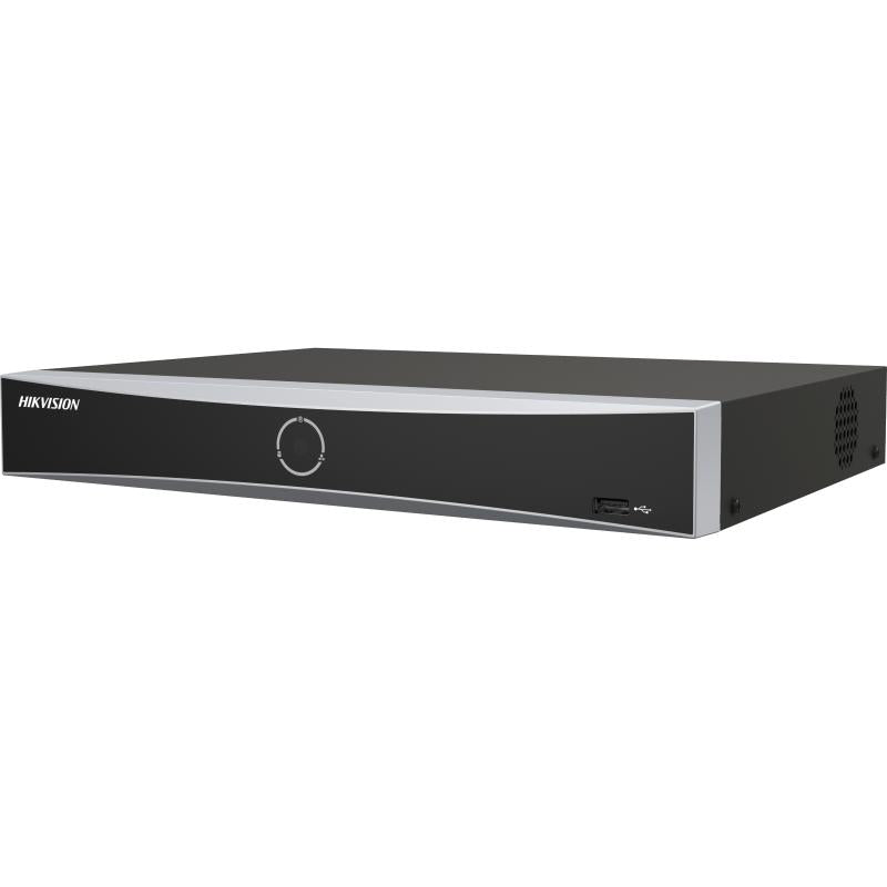 Grabador NVR Hikvision DS-7608NXI-K1/8P(D) vista frontal con panel de control y puertos