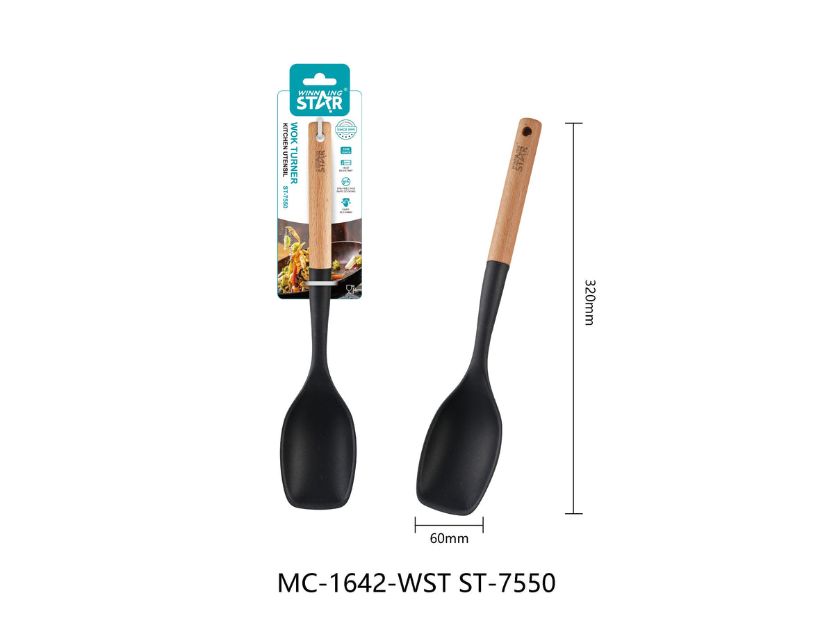 Vista lateral espátula wok ST-7550 mostrando diseño amplio ideal para saltear alimentos