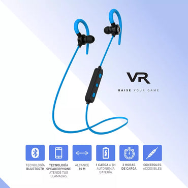 Vista lateral audífonos VR10 azul mostrando diseño neckband ergonómico deportivo