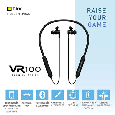 Vista lateral VR100 mostrando almohadillas con gancho para oreja
