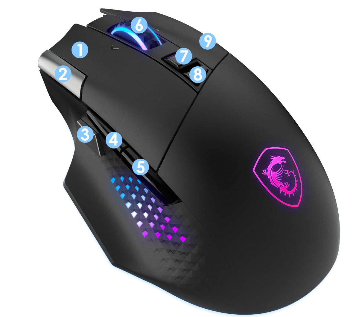 MSI Versa Pro gaming mouse vista trasera con sensor óptico 26000 DPI