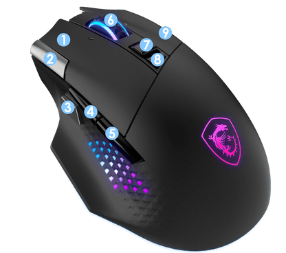 MSI Versa Pro gaming mouse vista trasera con sensor óptico 26000 DPI