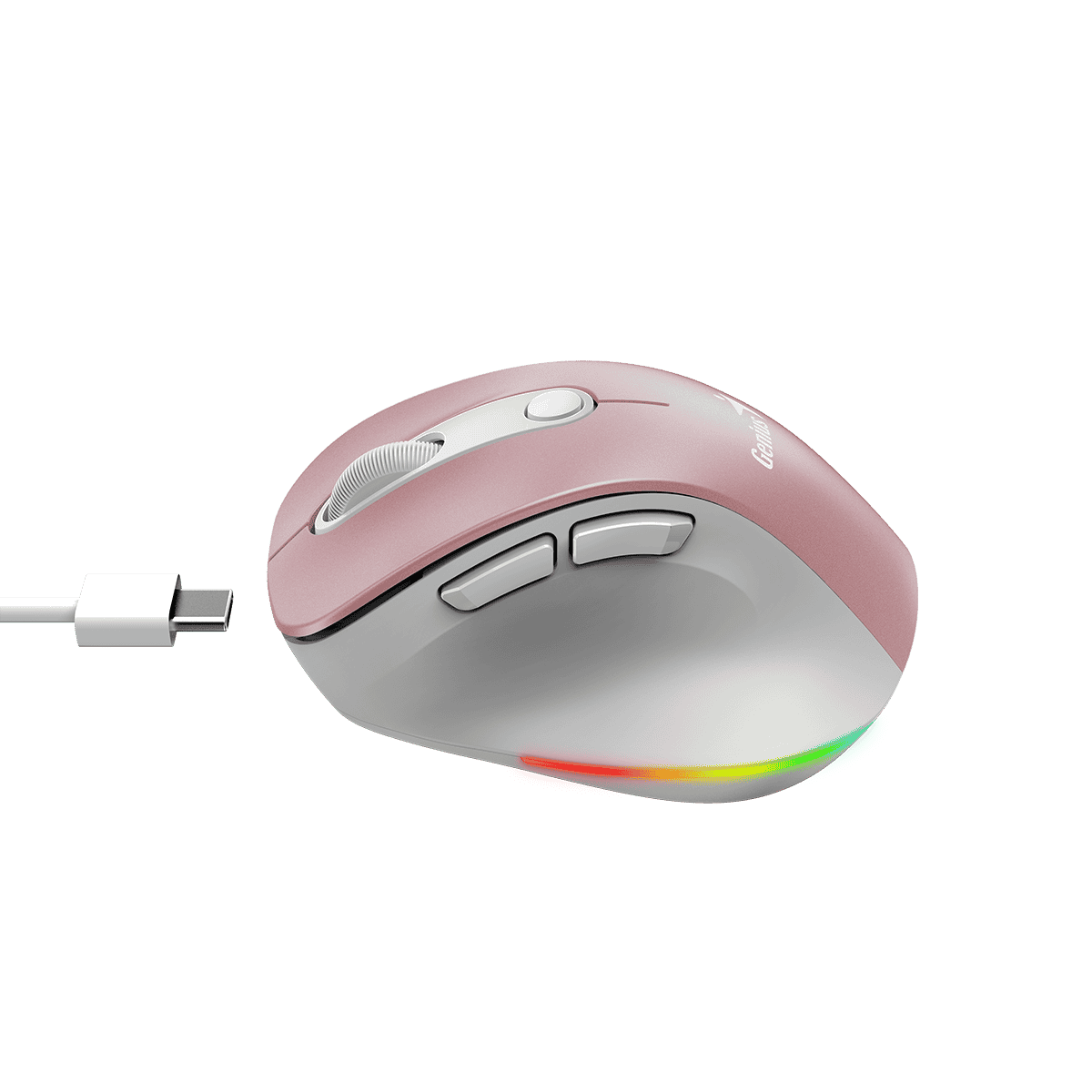 Mouse Genius Ergo 9000S Pro Rosa vista trasera con puerto de carga USB-C y sensor óptico