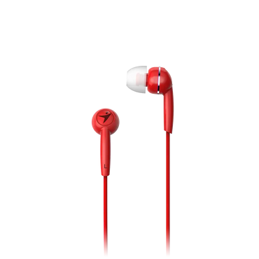 Vista detalle de audífonos intrauditivos Genius HS-M320 rojos mostrando almohadillas de silicona