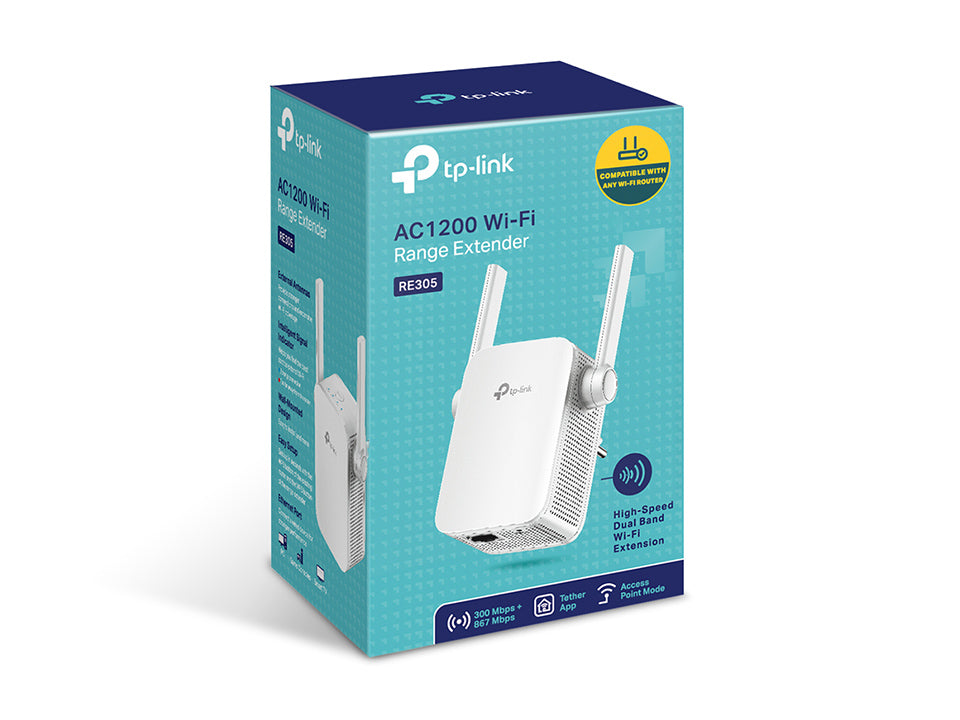 TP-Link RE305 AC1200 vista posterior mostrando puerto Ethernet y botón WPS