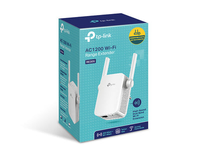 TP-Link RE305 AC1200 vista posterior mostrando puerto Ethernet y botón WPS