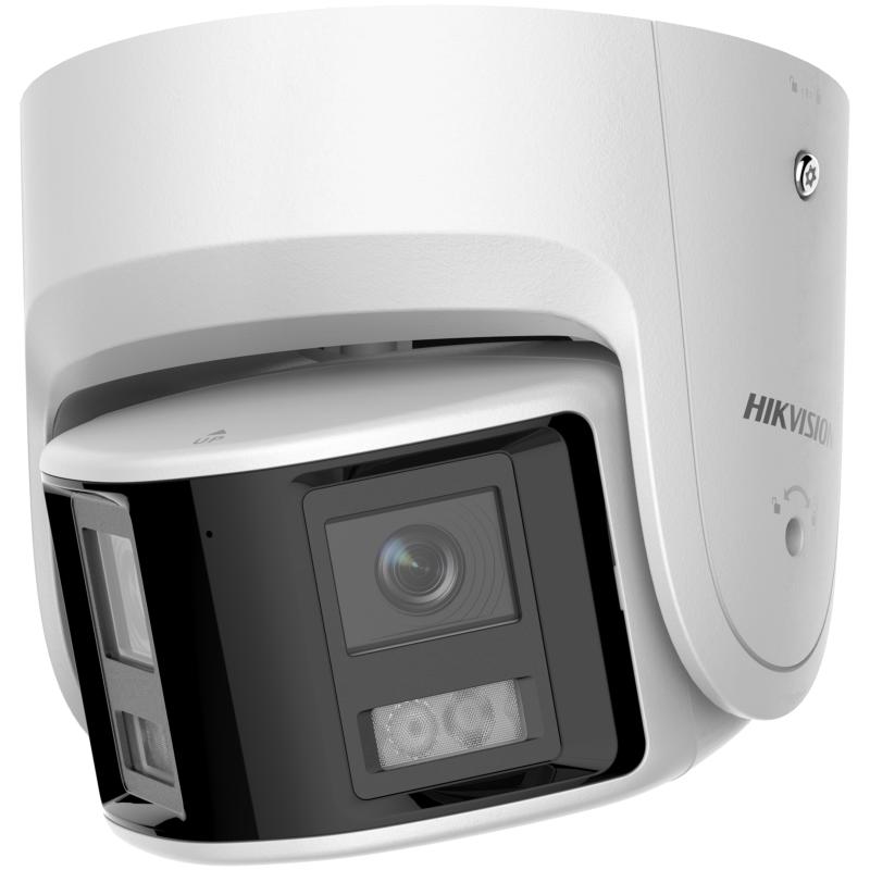 Cámara panorámica Hikvision ColorVu vista inferior con conexiones y soporte de montaje