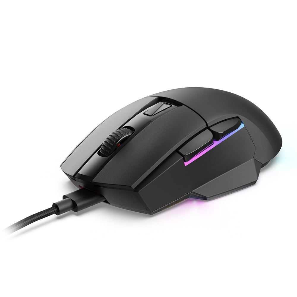 Mouse gaming Sharkoon SGM50W vista trasera mostrando sensor 5000 DPI y logo