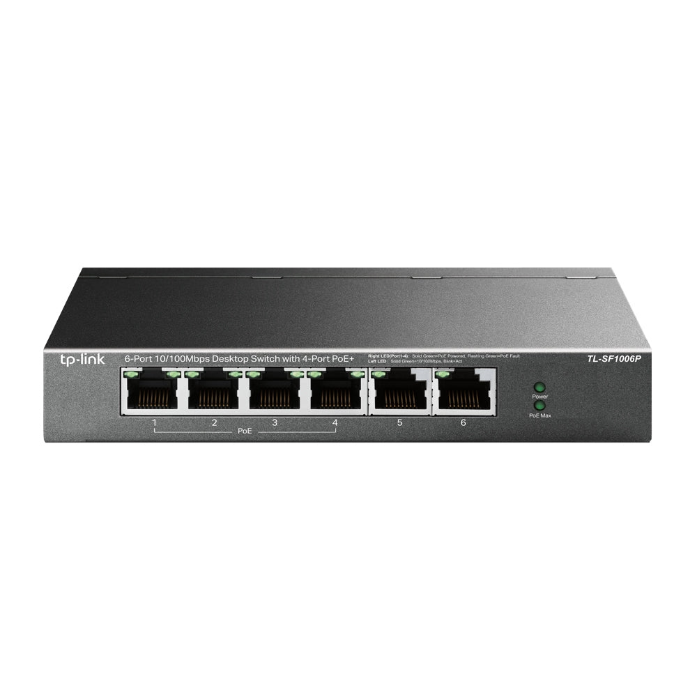 Switch TP-Link TL-SF1006P vista frontal con 6 puertos Ethernet