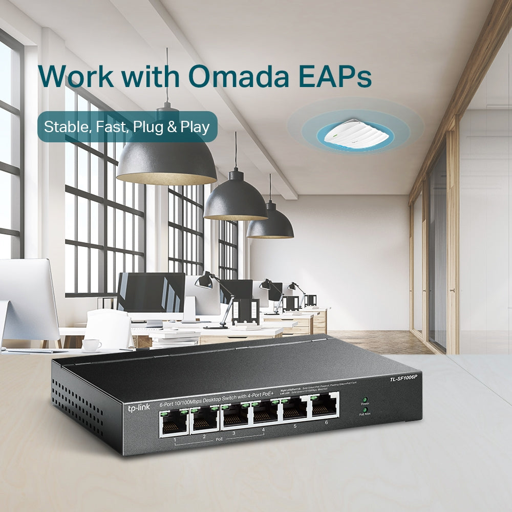 Switch TP-Link TL-SF1006P vista de 3/4 frontal con LED indicadores