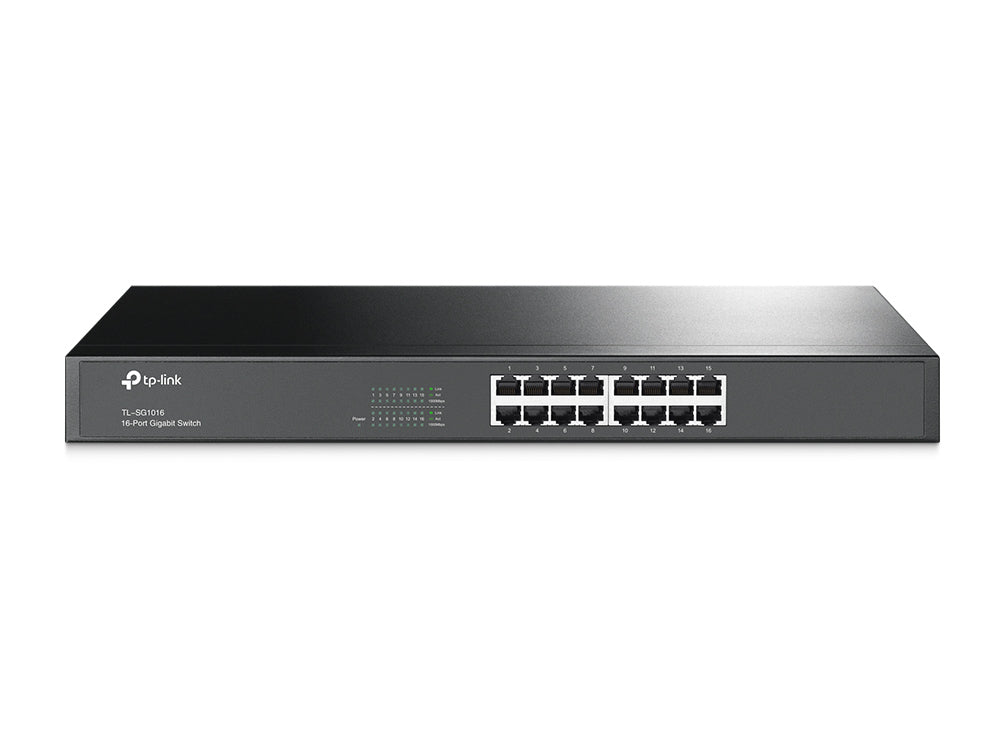 Switch TP-Link TL-SG1016 de 16 puertos vista frontal con conectores RJ-45