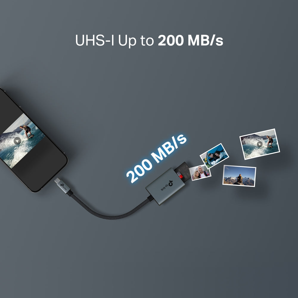 Lector tarjetas TP-Link UA430C conectado laptop USB Type-C en uso