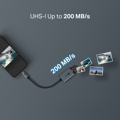Lector tarjetas TP-Link UA430C conectado laptop USB Type-C en uso