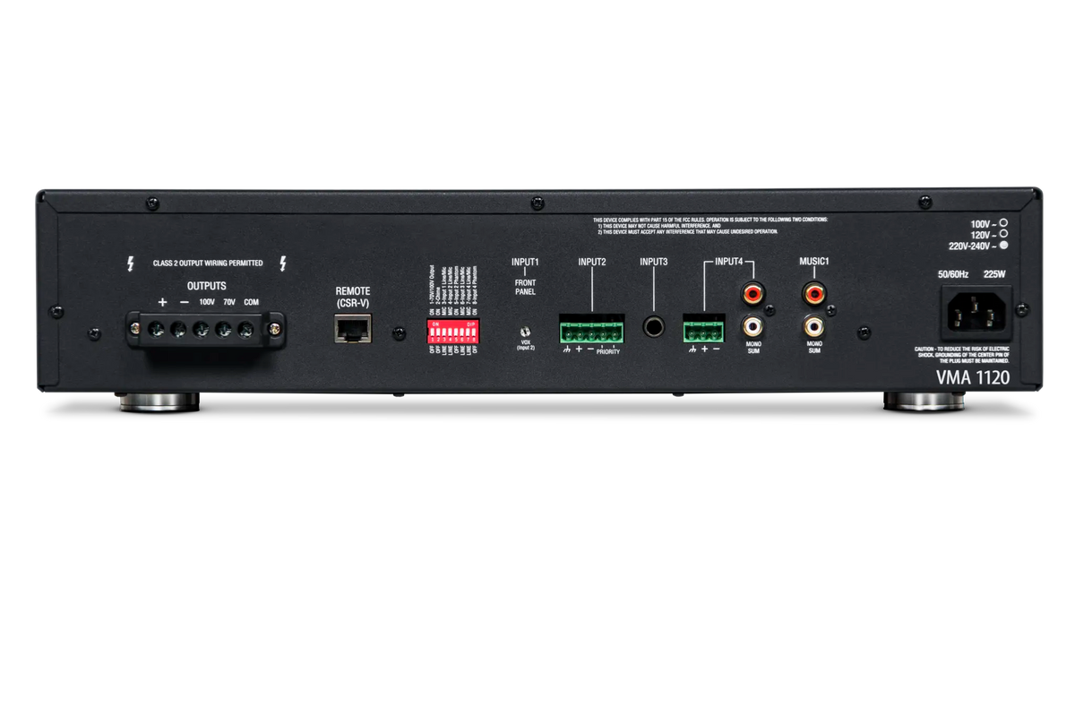 JBL VMA1120 (NVMA1120-US) mezclador amplificador comercial 120W - vista posterior con conexiones
