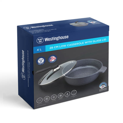 Cacerola Baja Westinghouse WCCC2008L28CMG | 4L | Cerámica 5th Generación | Tapa de Vidrio