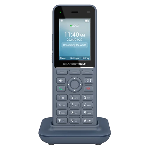 Teléfono IP inalámbrico con pantalla de 2.4 pulgadas, conectividad WiFi y soporte para 2 líneas SIP. Diseñado para ofici nas y hoteles.