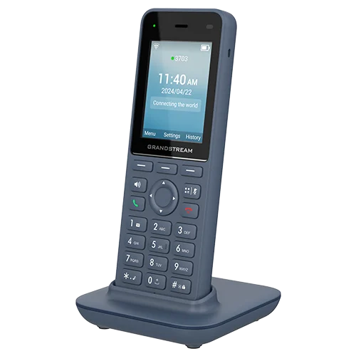 Teléfono IP inalámbrico con pantalla de 2.4 pulgadas, conectividad WiFi y soporte para 2 líneas SIP. Diseñado para ofici nas y hoteles.