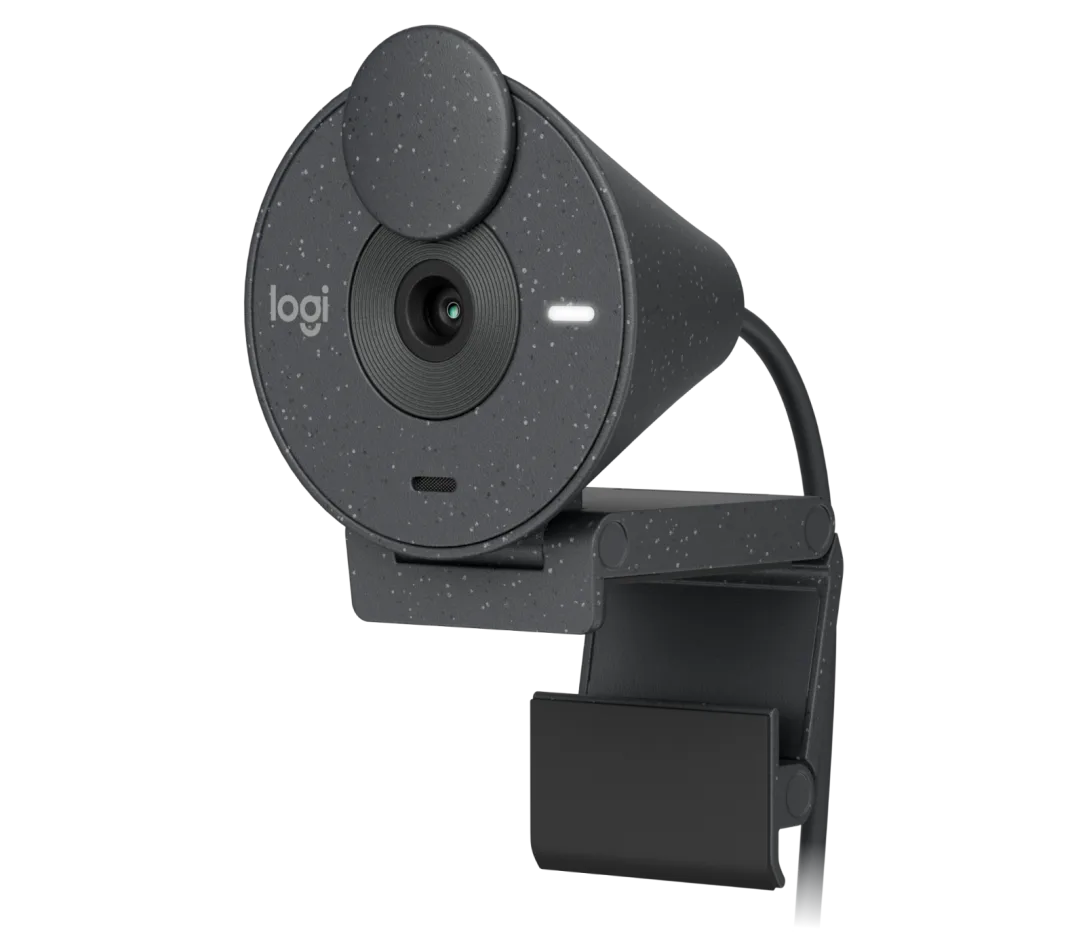 Vista lateral de cámara web Brio 300 con conector USB-C visible
